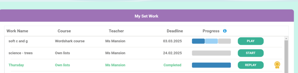 My set work showing progress for the student